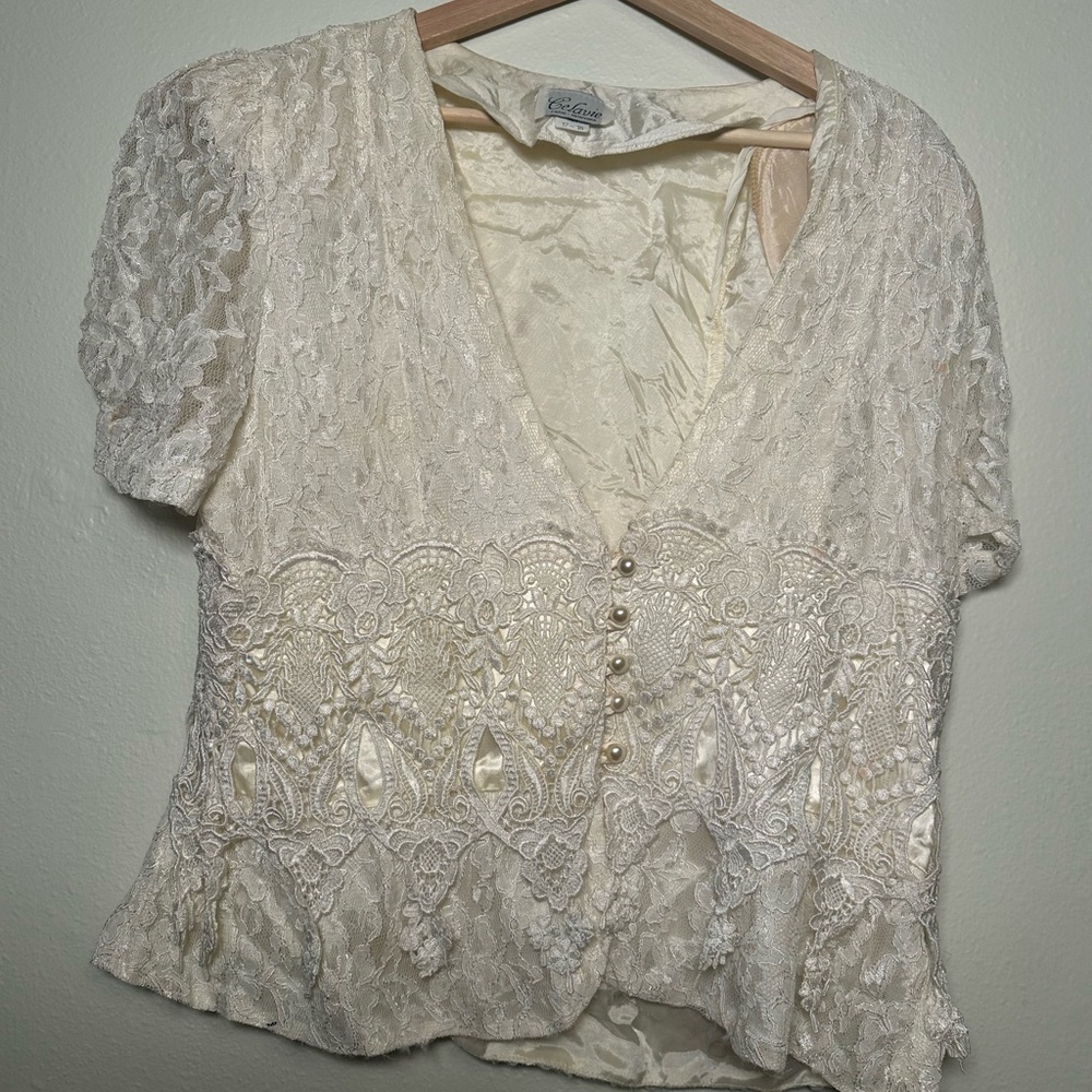 Celine Cream Lace Blouse vintage pearl‎ buttons shoulder pads fairycore